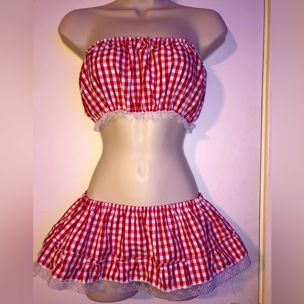 Red Gingham Farm Girl Crop Top Ruffle Micro Mini Skirt
